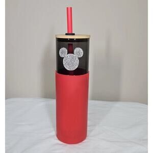 Disney Mickey Mouse Rhinestone Glass Tumbler Cup with Lid and Straw - Red 24OZ